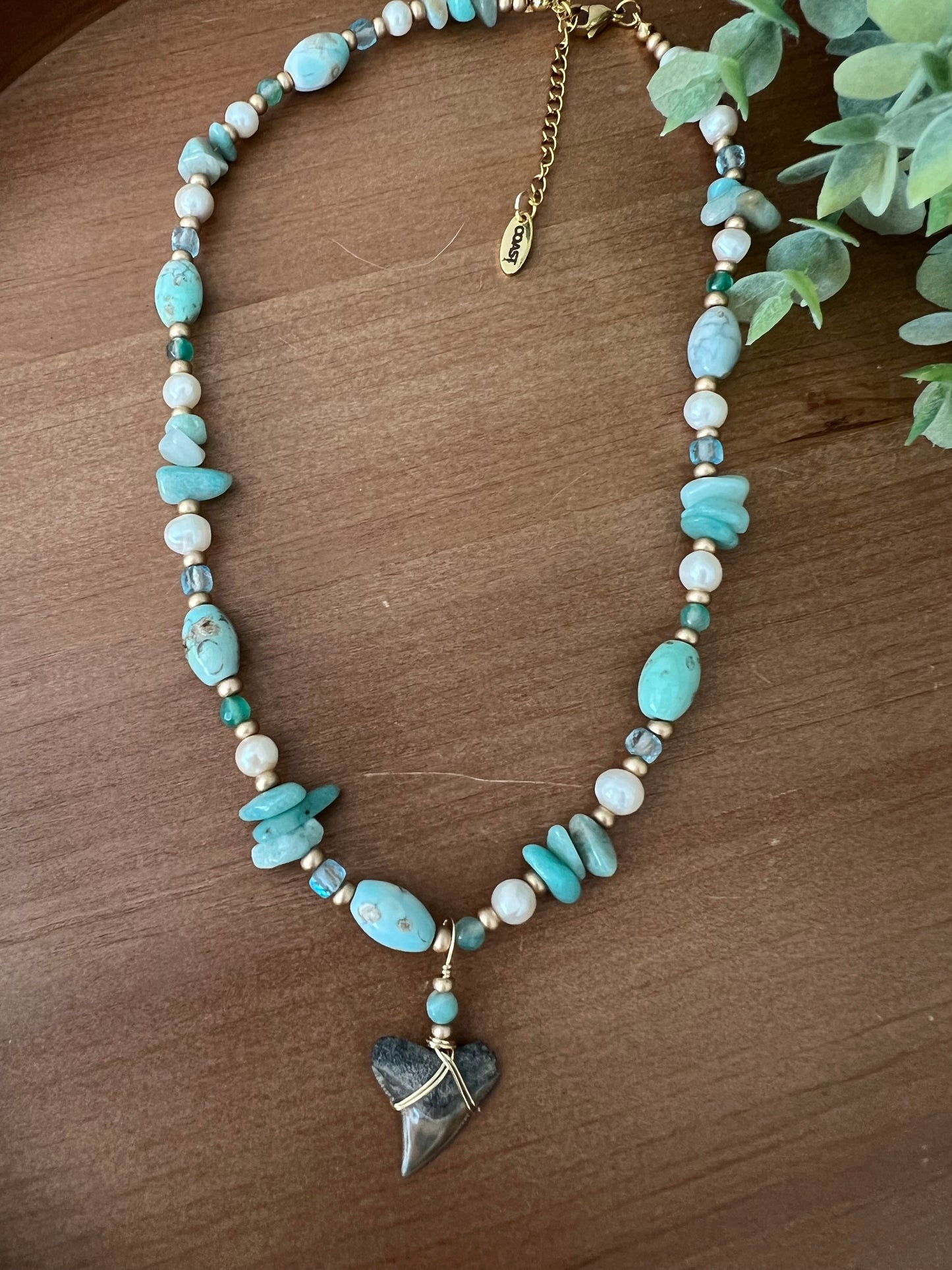 Coastal Reef-Bull Shark tooth necklace with dragon skin agate, blue topaz, light green jade, Amazonite, and freshwater pearls details