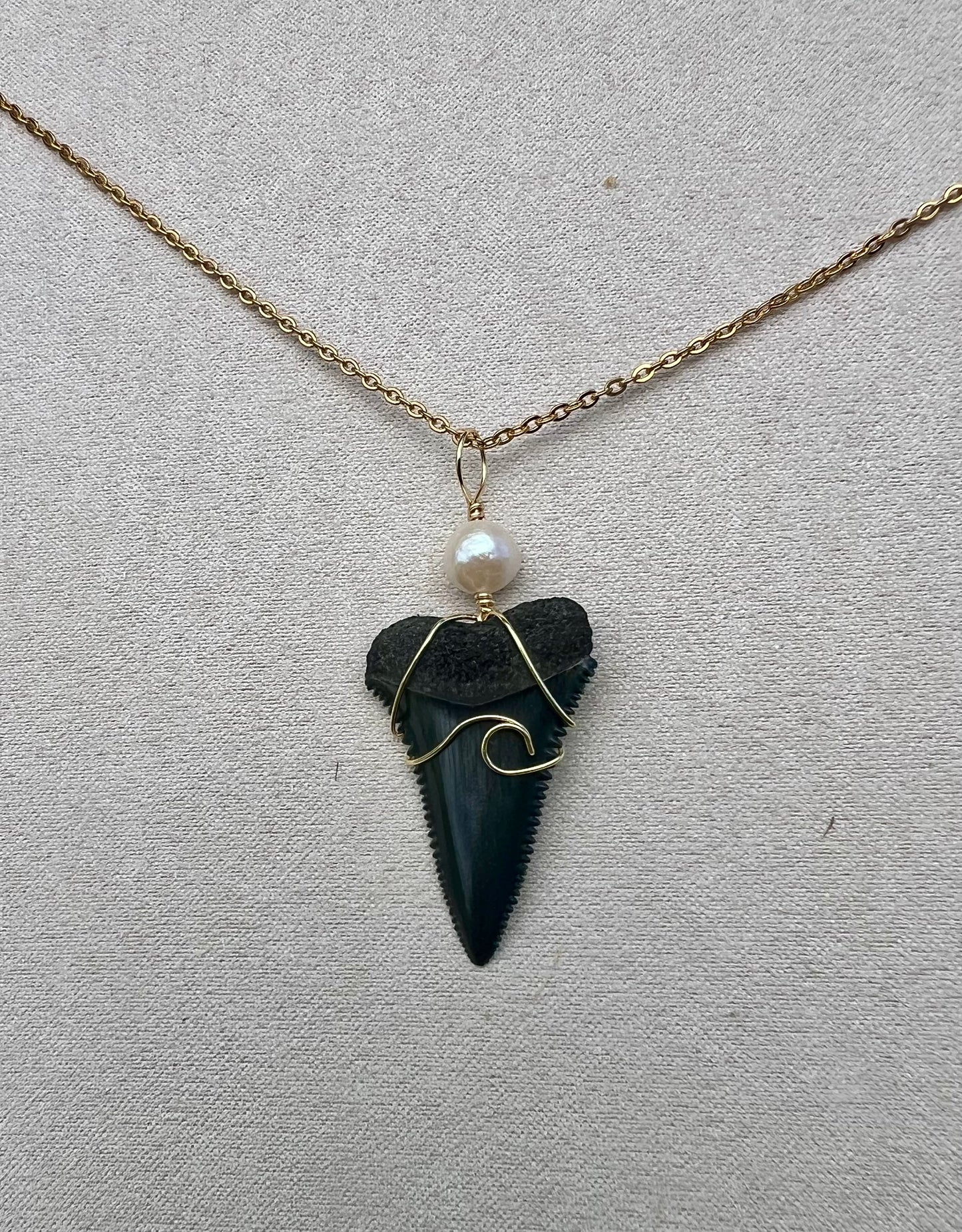 Pearly White- Great White Shark Tooth + Pearl and Wave Design
