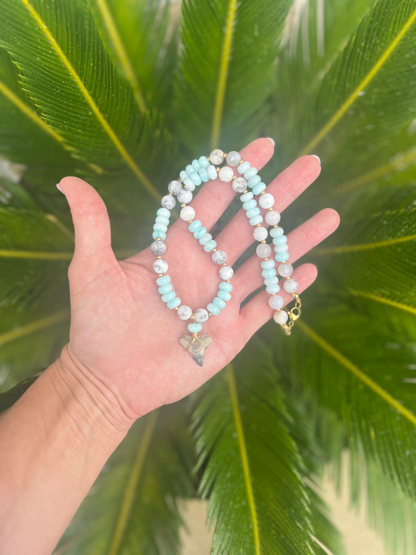 White Opal and Caribbean Blue Jade beaded necklace with unique cream shark tooth