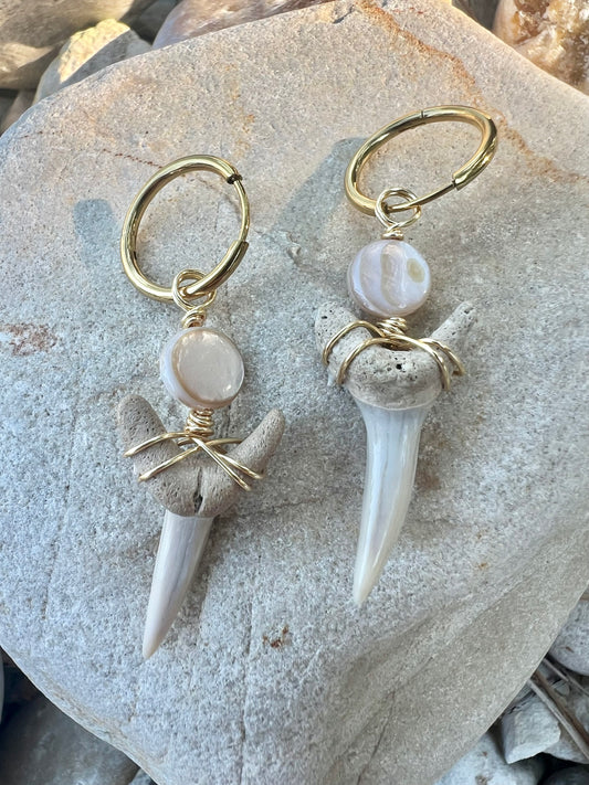 Coastal Hoops- Cream Sand Tiger and Shell accent Hoop earrings