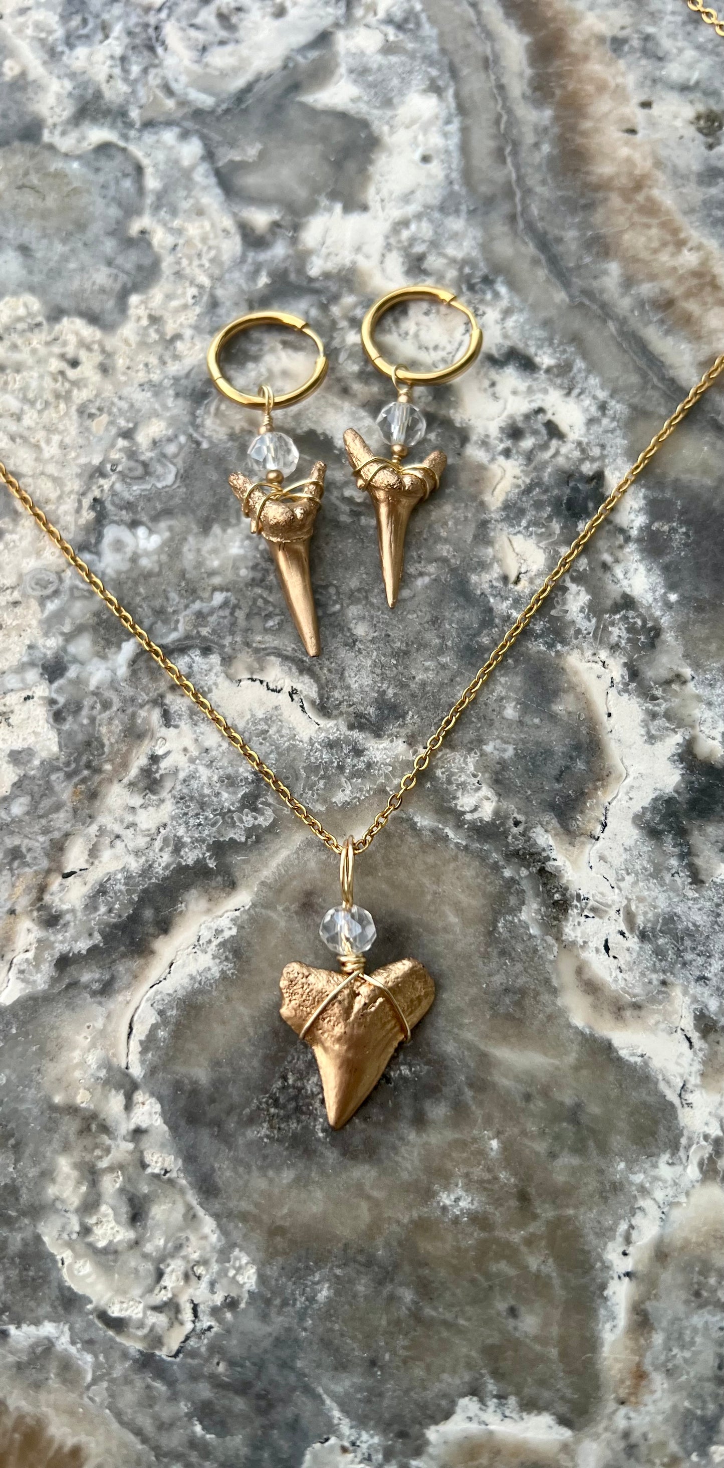 Sun-kissed- Gold Shark Tooth Necklace + Earring Set
