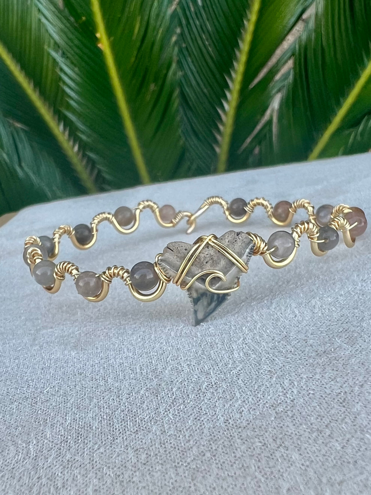 Shark tooth + moonstone gold cuff bracelet