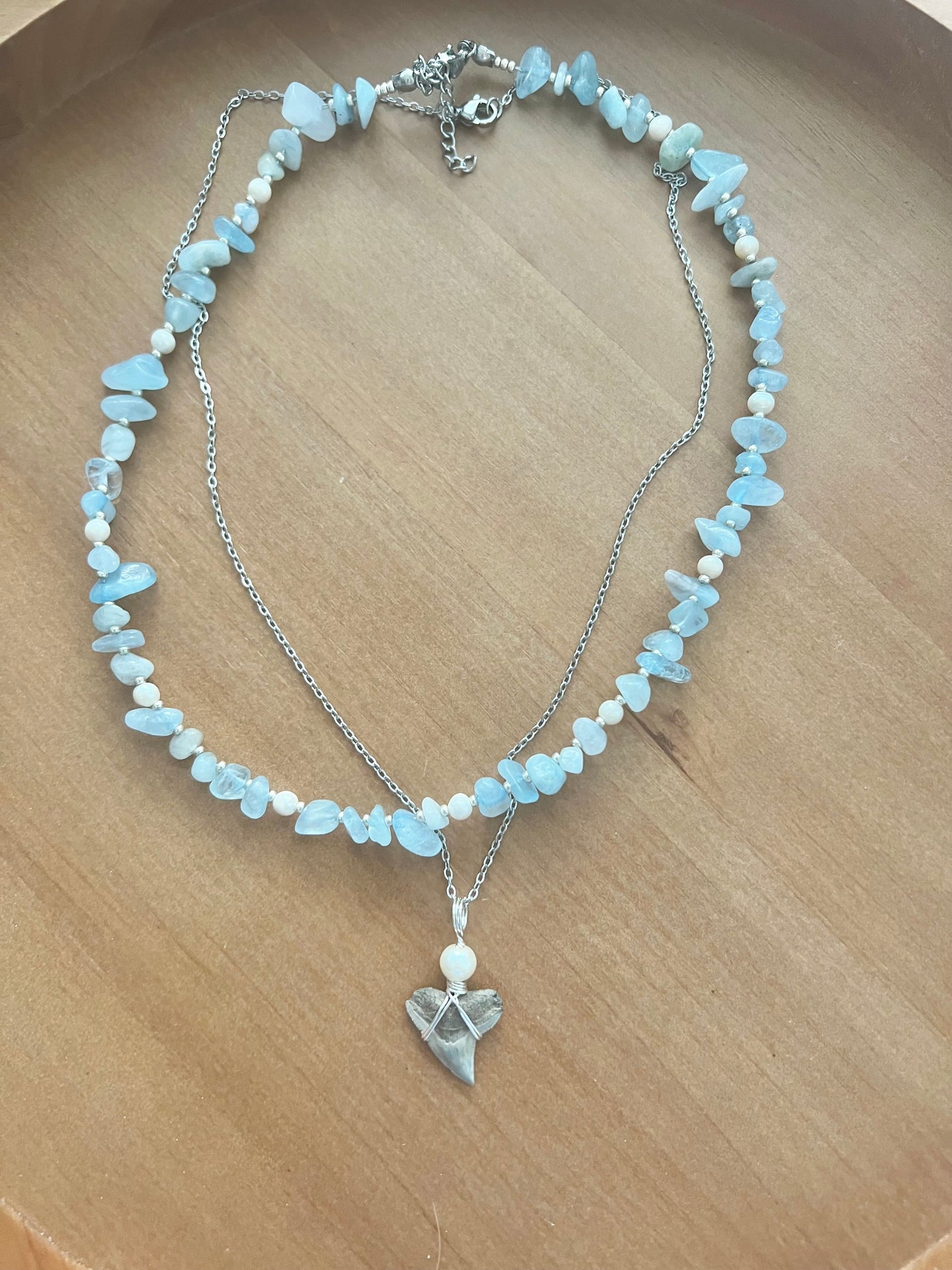 Aquamarine + Pearl + Bull Shark tooth necklace set