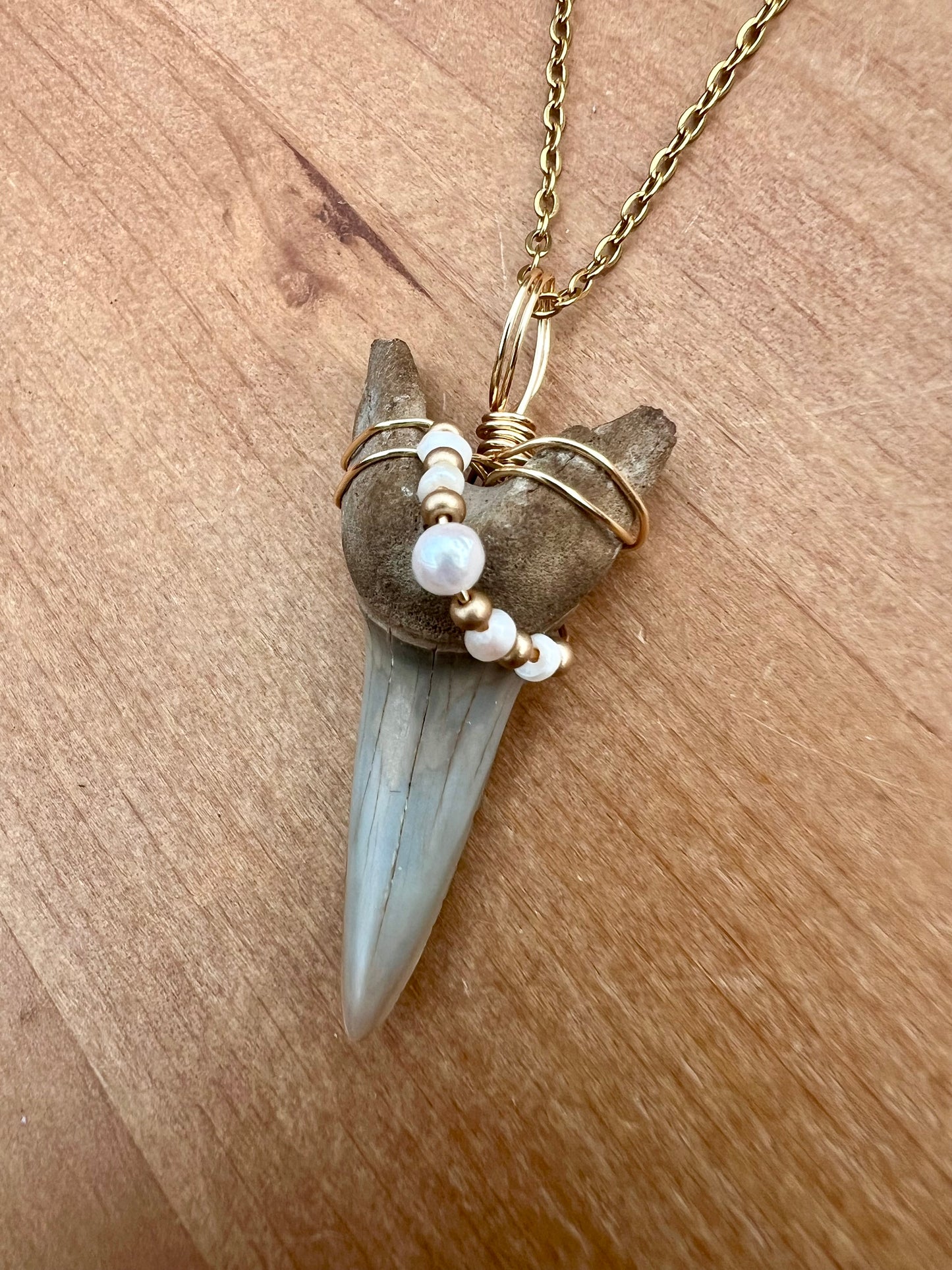 Shark tooth necklace with mini freshwater pearls
