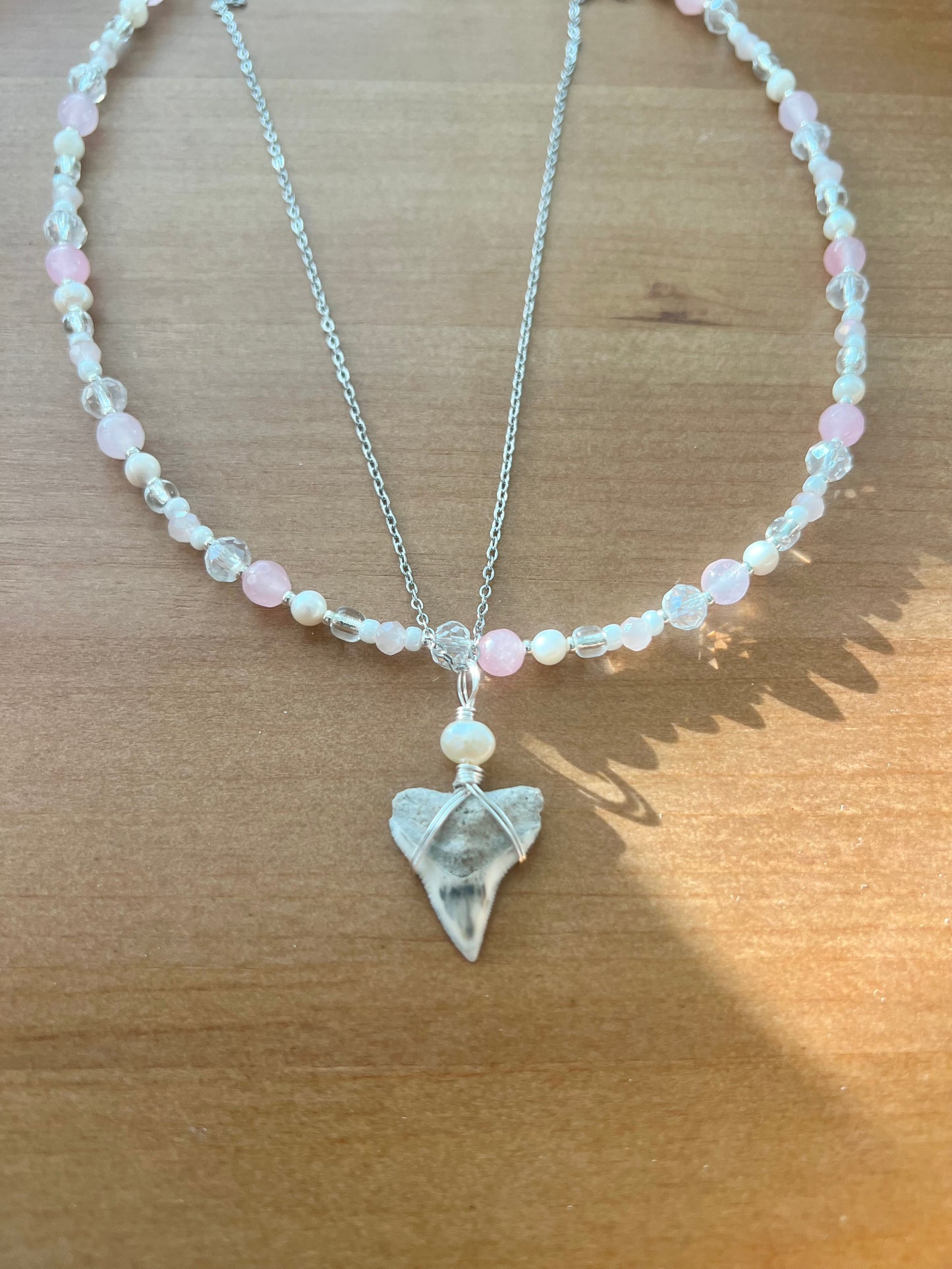 Rose quartz + pink pearls + Bull Shark tooth necklace set