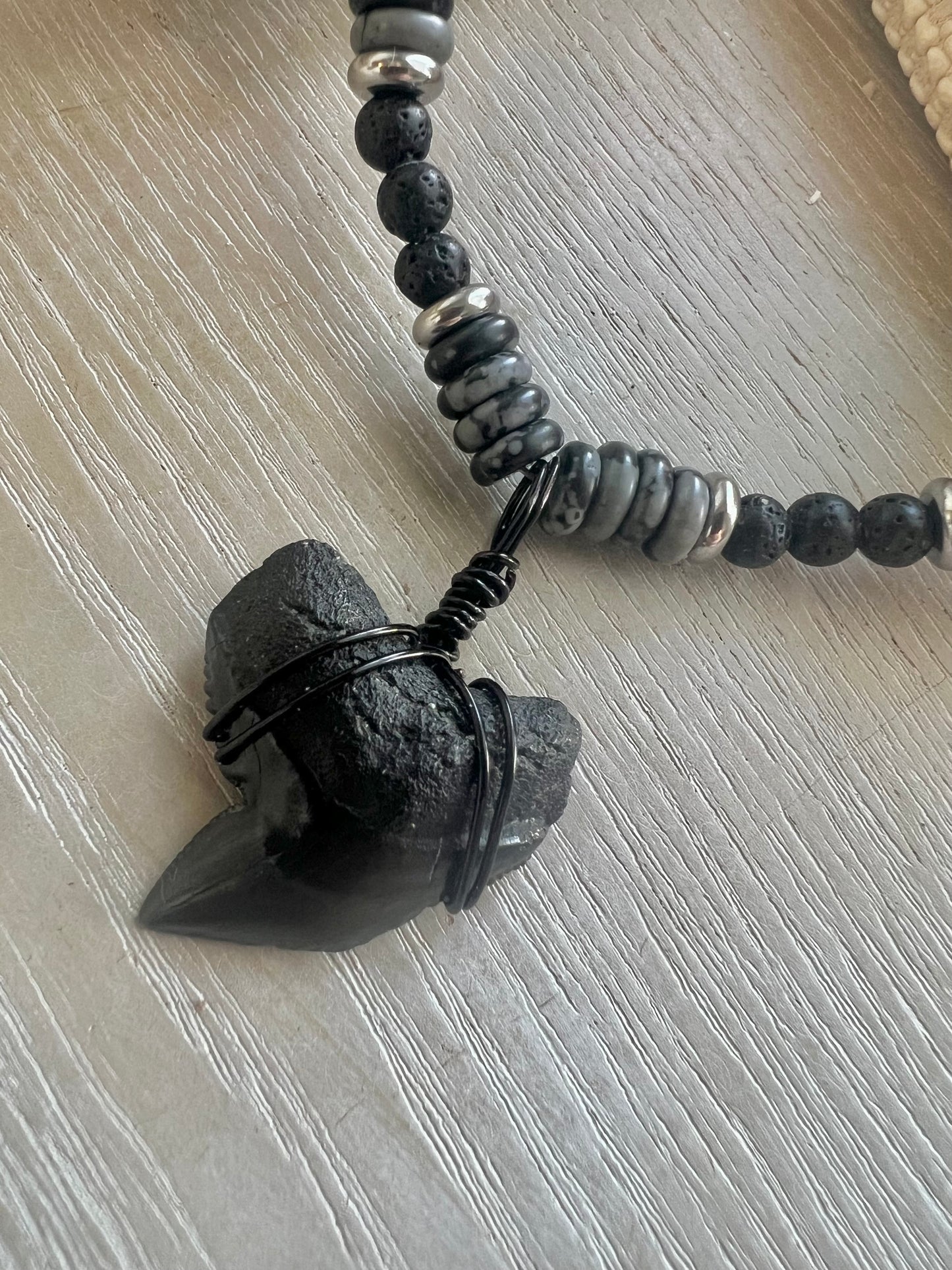 Tiger Shark Tooth Necklace with Black lava rock and snowflake obsidian beaded chain
