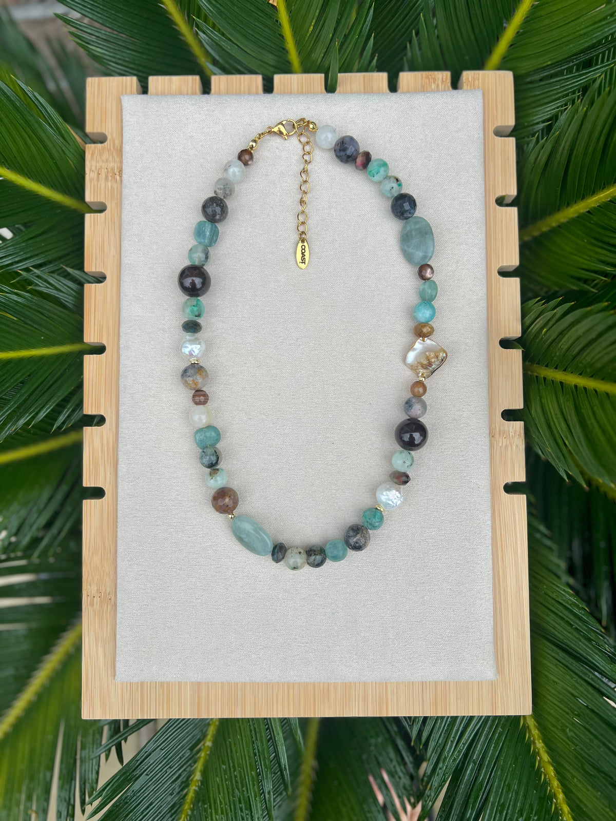 Tidal Renewal- 100% natural gemstones and pearl grounding necklace- kyanite, red garnet, Chrysocolla, tiger eye, shells, baroque pearls