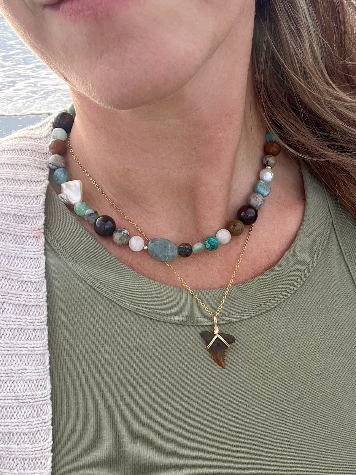 Tidal Renewal- 100% natural gemstones and pearl grounding necklace- kyanite, red garnet, Chrysocolla, tiger eye, shells, baroque pearls