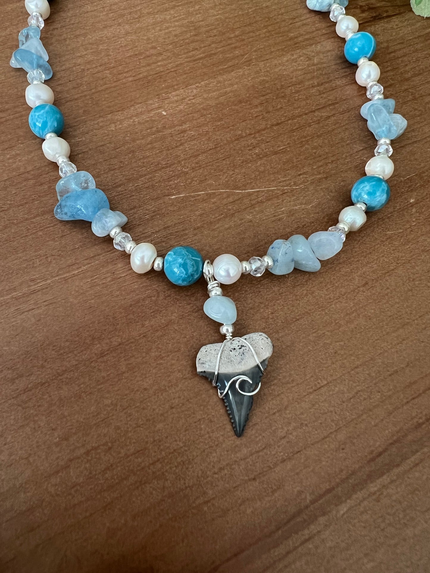 Calm Waters- Great White Shark tooth with aquamarine, Larimar, and freshwater pearls