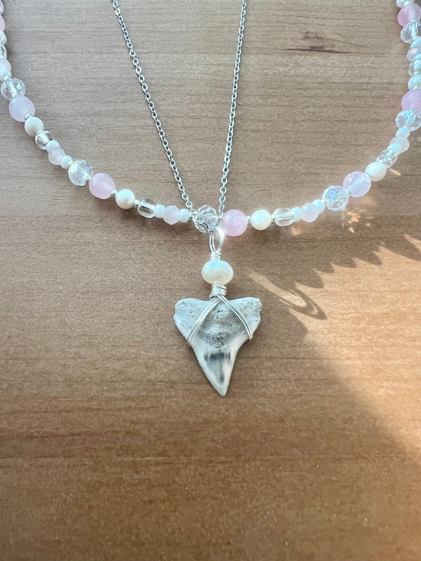 Rose quartz + pink pearls + Bull Shark tooth necklace set