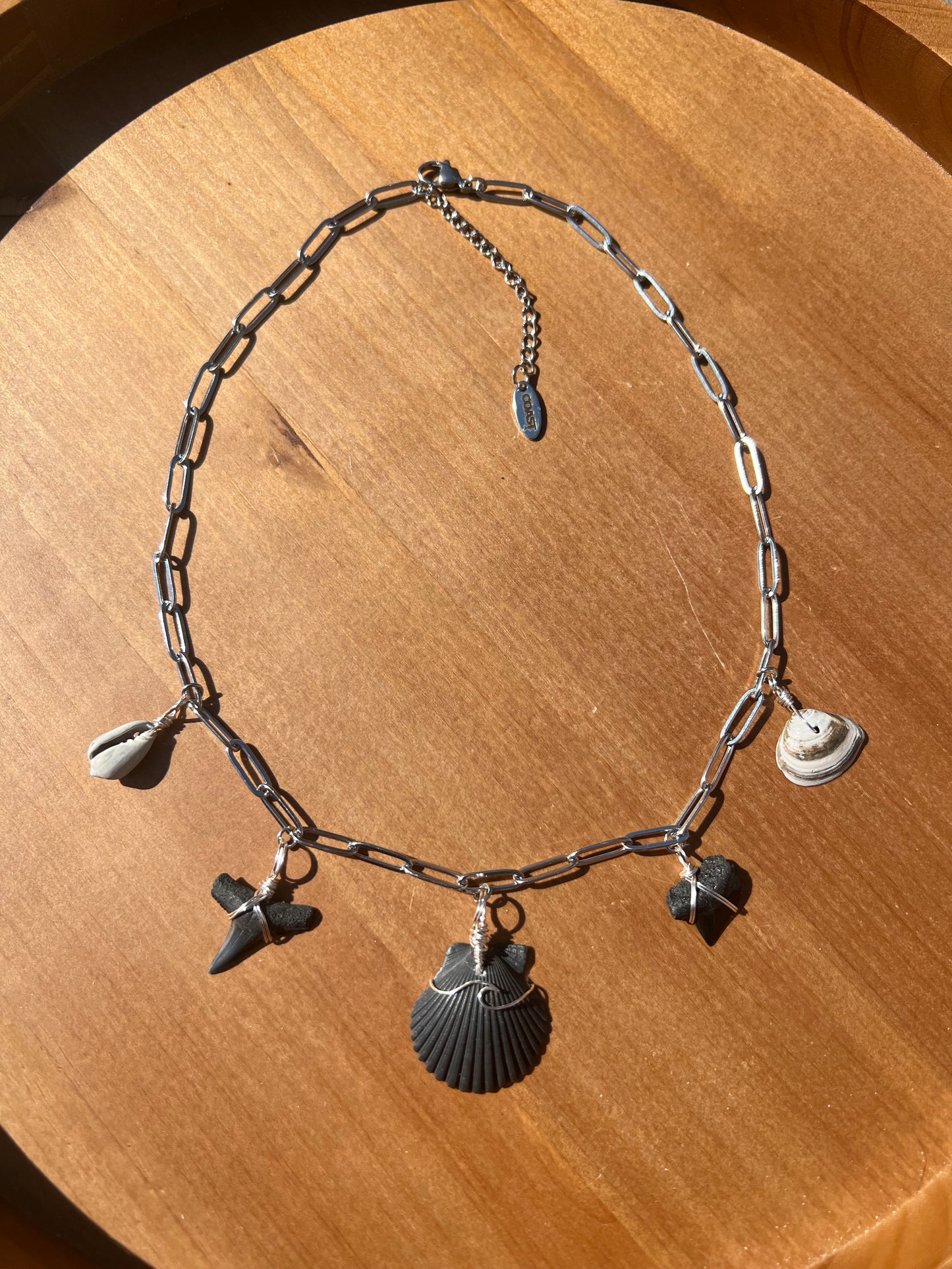 Carolina Shores Charm necklace- all hand collected, locally found shark teeth + shell charms