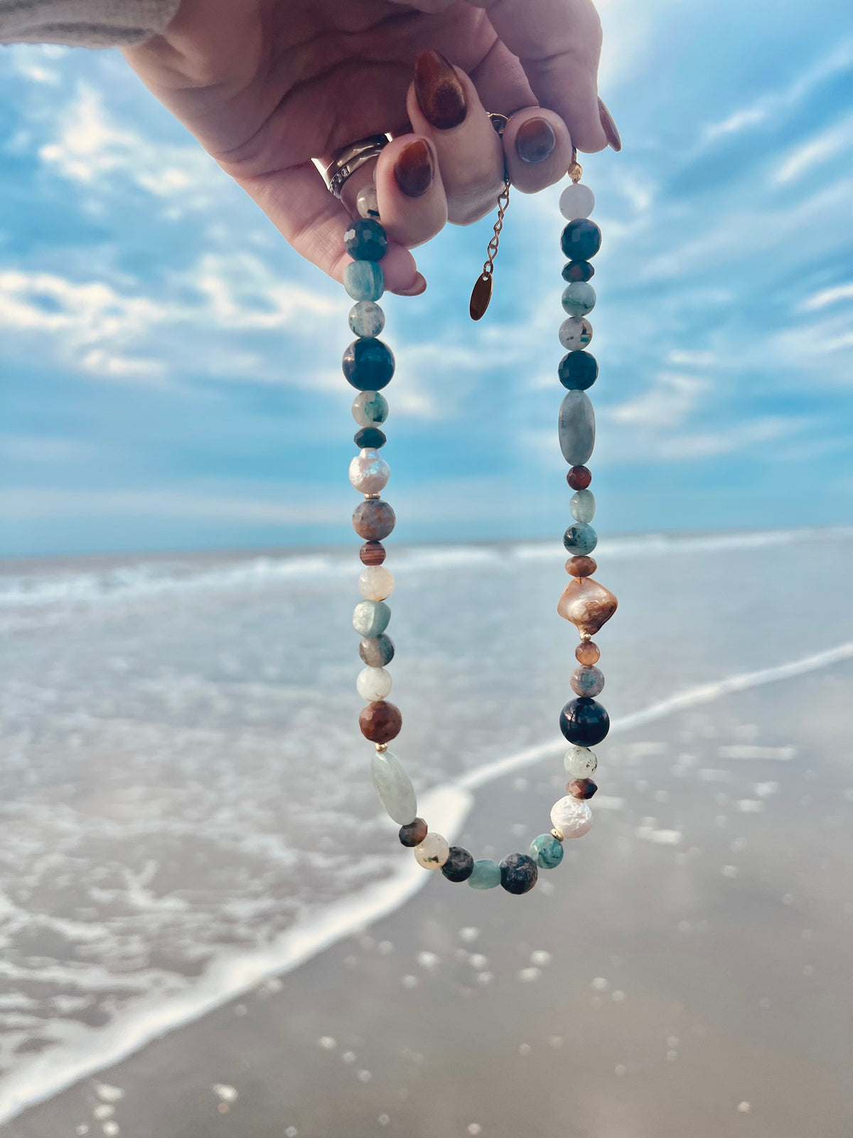 Tidal Renewal- 100% natural gemstones and pearl grounding necklace- kyanite, red garnet, Chrysocolla, tiger eye, shells, baroque pearls