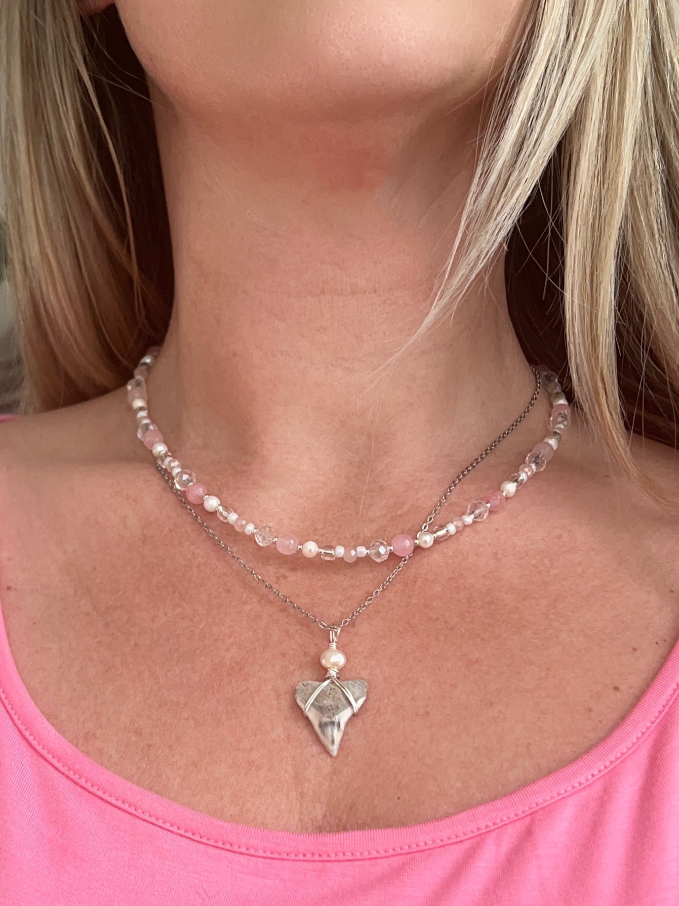 Rose quartz + pink pearls + Bull Shark tooth necklace set