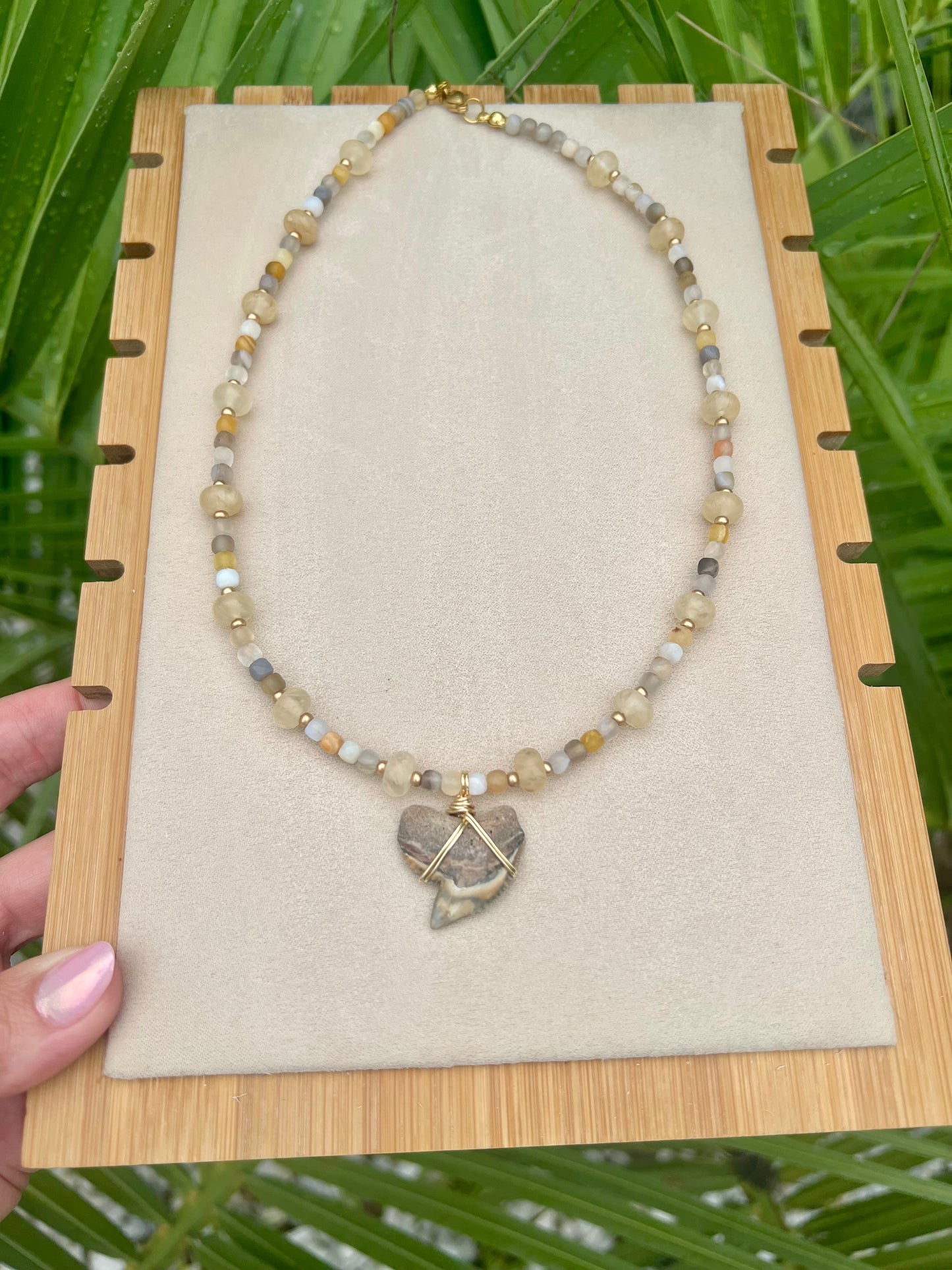 Very Rare Golden tie dye Tiger Shark tooth necklace with natural Botswana agate and gold rutilated quartz ￼