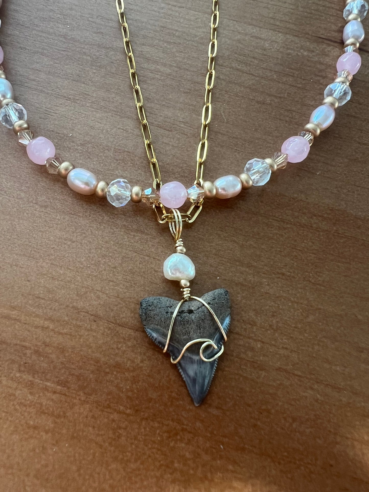 Rose quartz, pink pearls, & Bull Shark tooth necklace