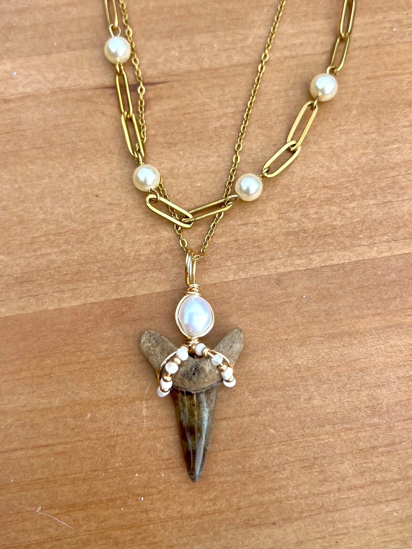 Coastal Shark tooth multi-layer necklace with freshwater pearls