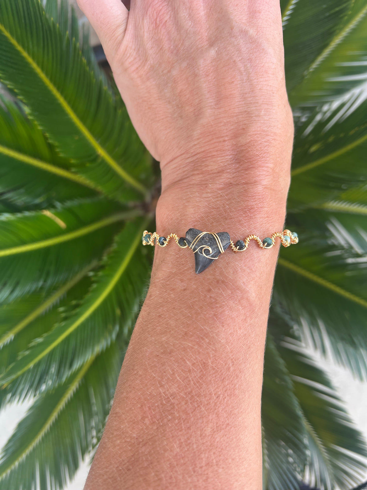 Shark tooth + Blue Tourmaline Gold Cuff Bracelet