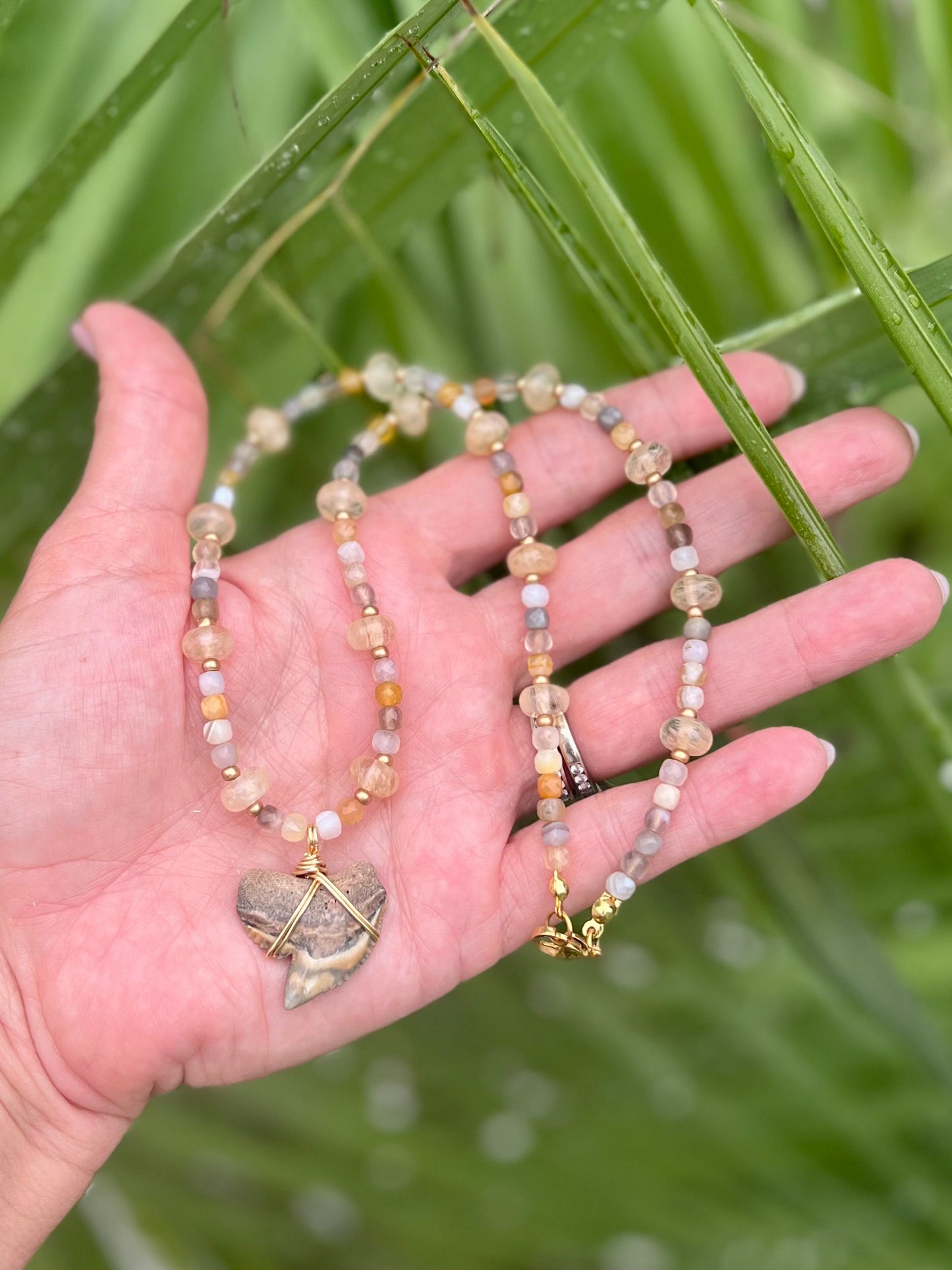 Very Rare Golden tie dye Tiger Shark tooth necklace with natural Botswana agate and gold rutilated quartz ￼