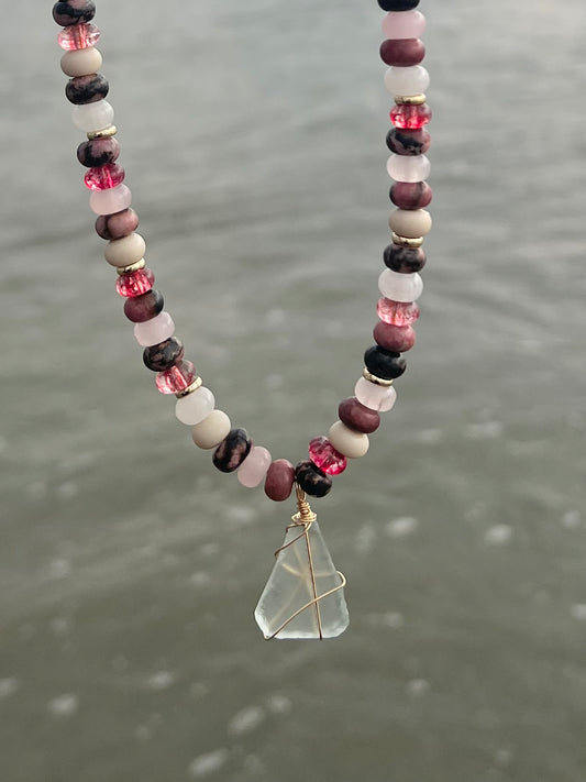 Tidal Rose- Natural Rhodonite, pink quartz, bamboo coral beads with sea-glass pendant