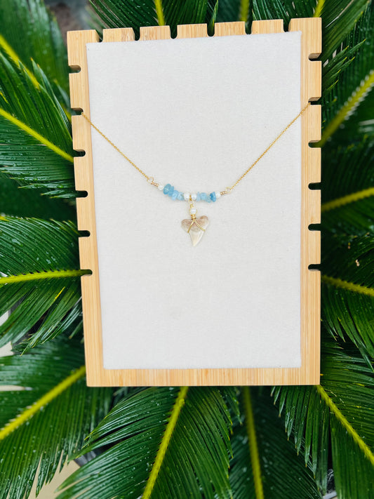 Ocean Treasure Necklace- cream Bull Shark tooth + Aquamarine and Pearls