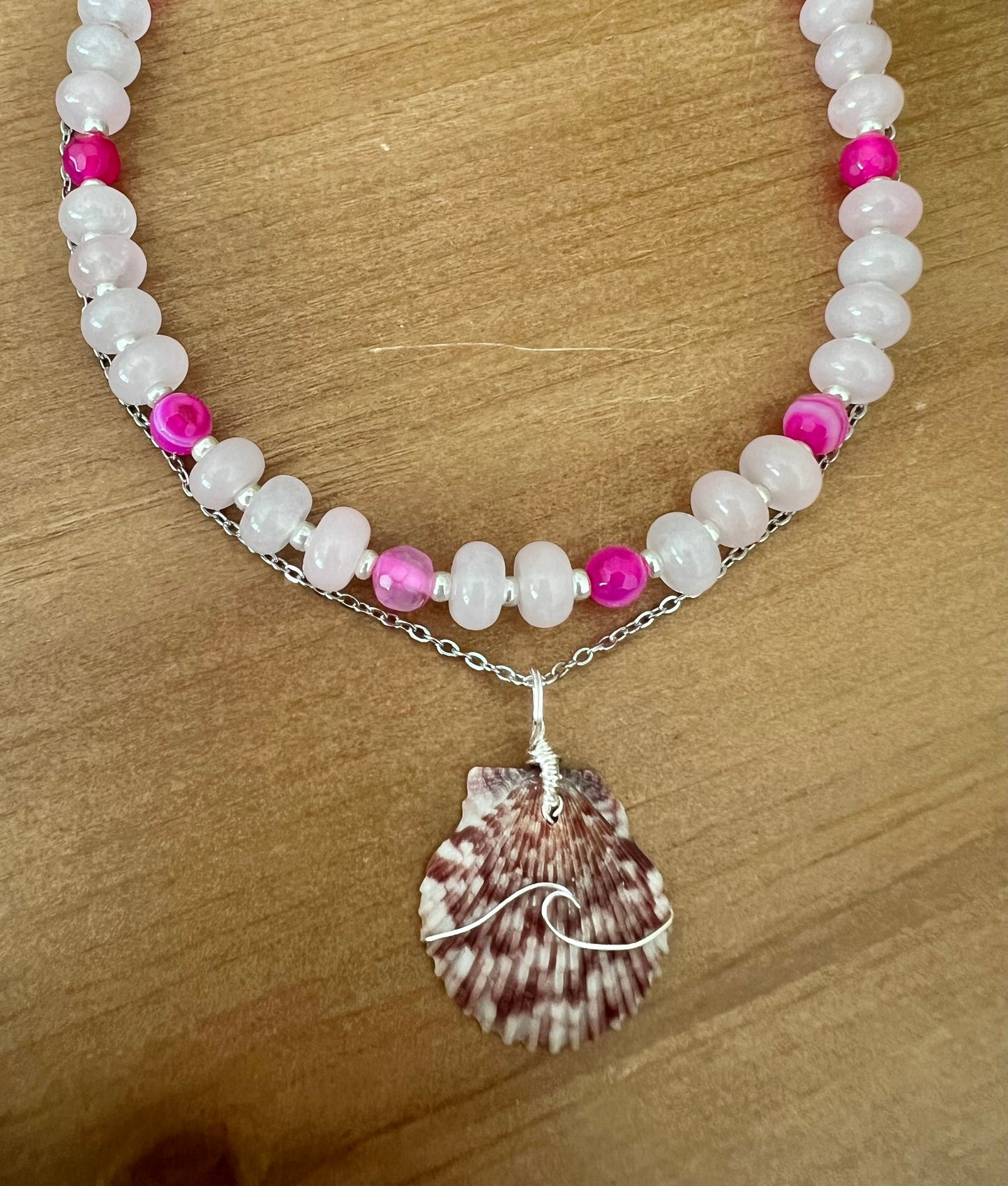Calico Kiss- 2 layer scallop shell with rose quartz and hot pink Botswana beads