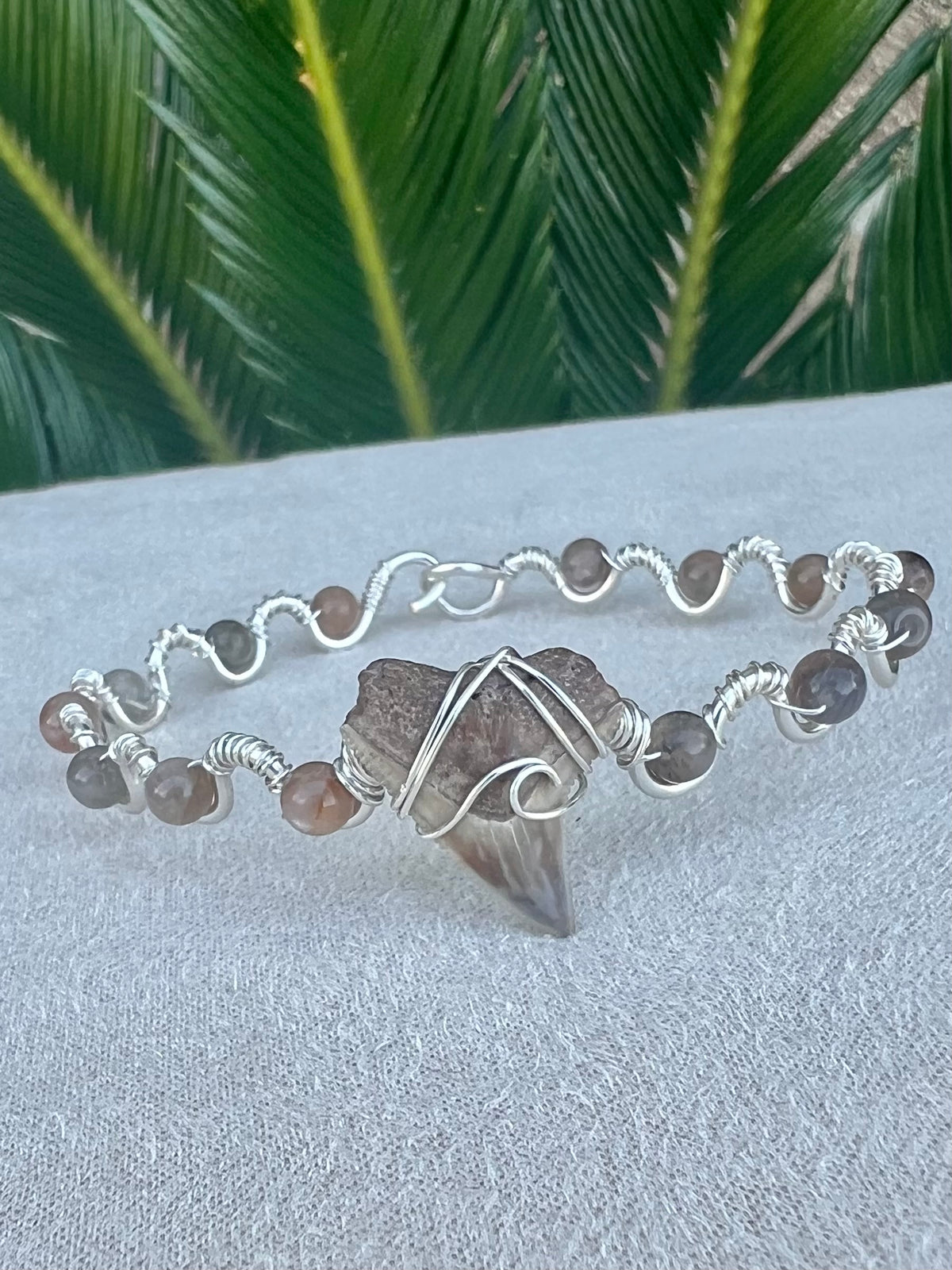 Shark tooth + moonstone silver cuff bracelet