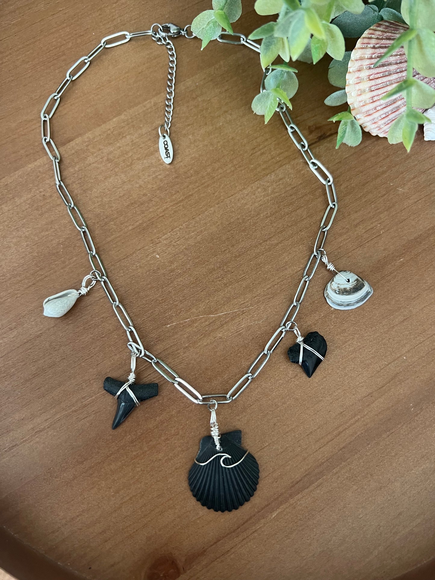 Carolina Shores Charm necklace- all hand collected, locally found shark teeth + shell charms