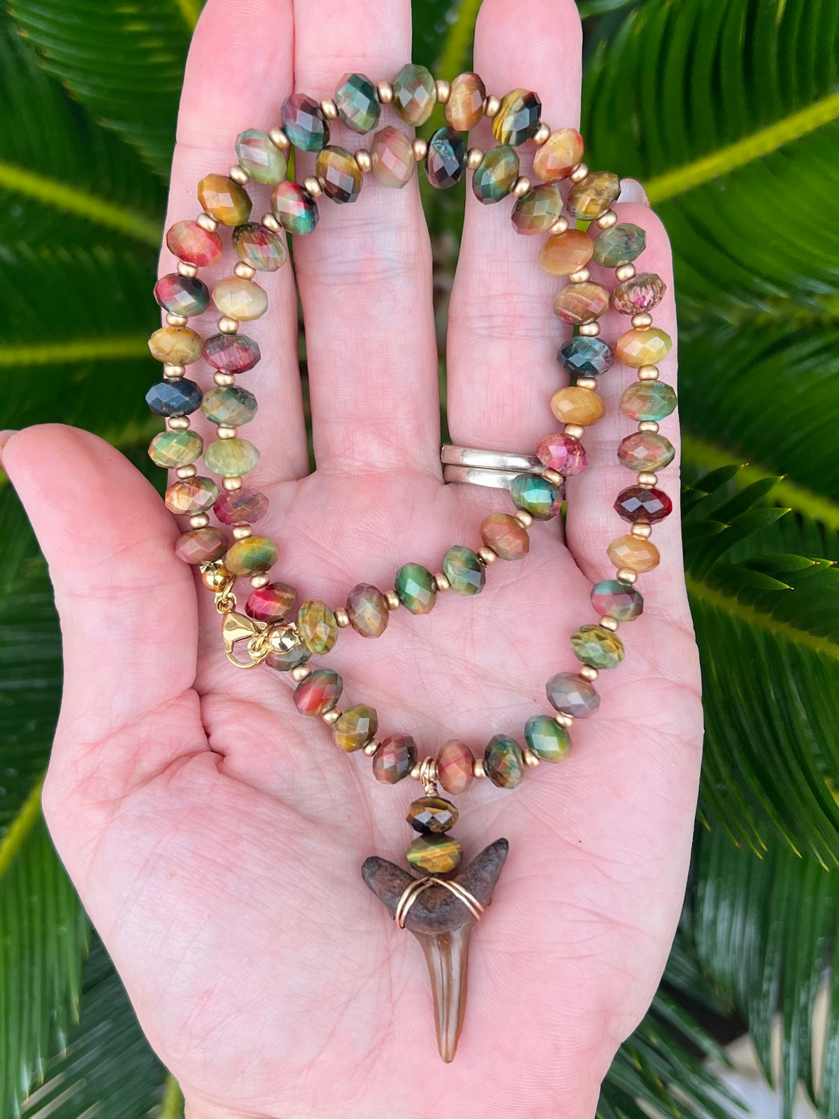 Chocolate Shark tooth and galaxy tiger eye bead necklace - one of a kind - rare fossil jewelry
