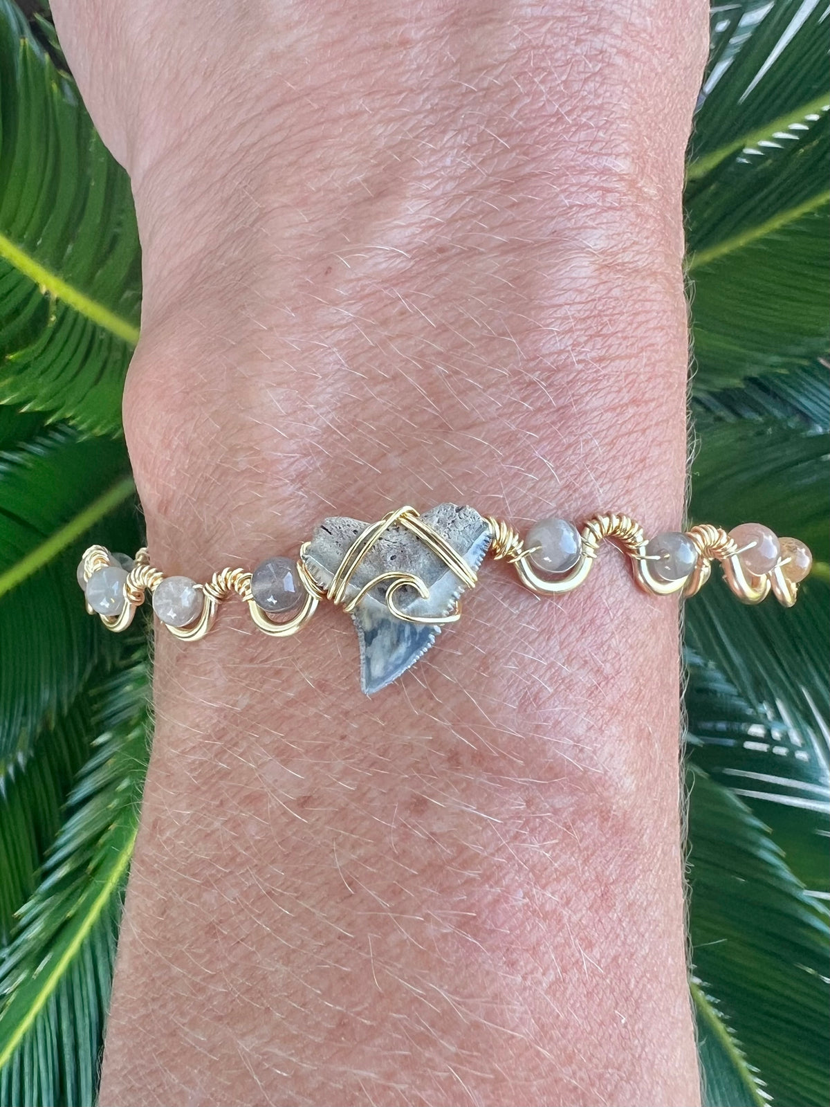 Shark tooth + moonstone gold cuff bracelet