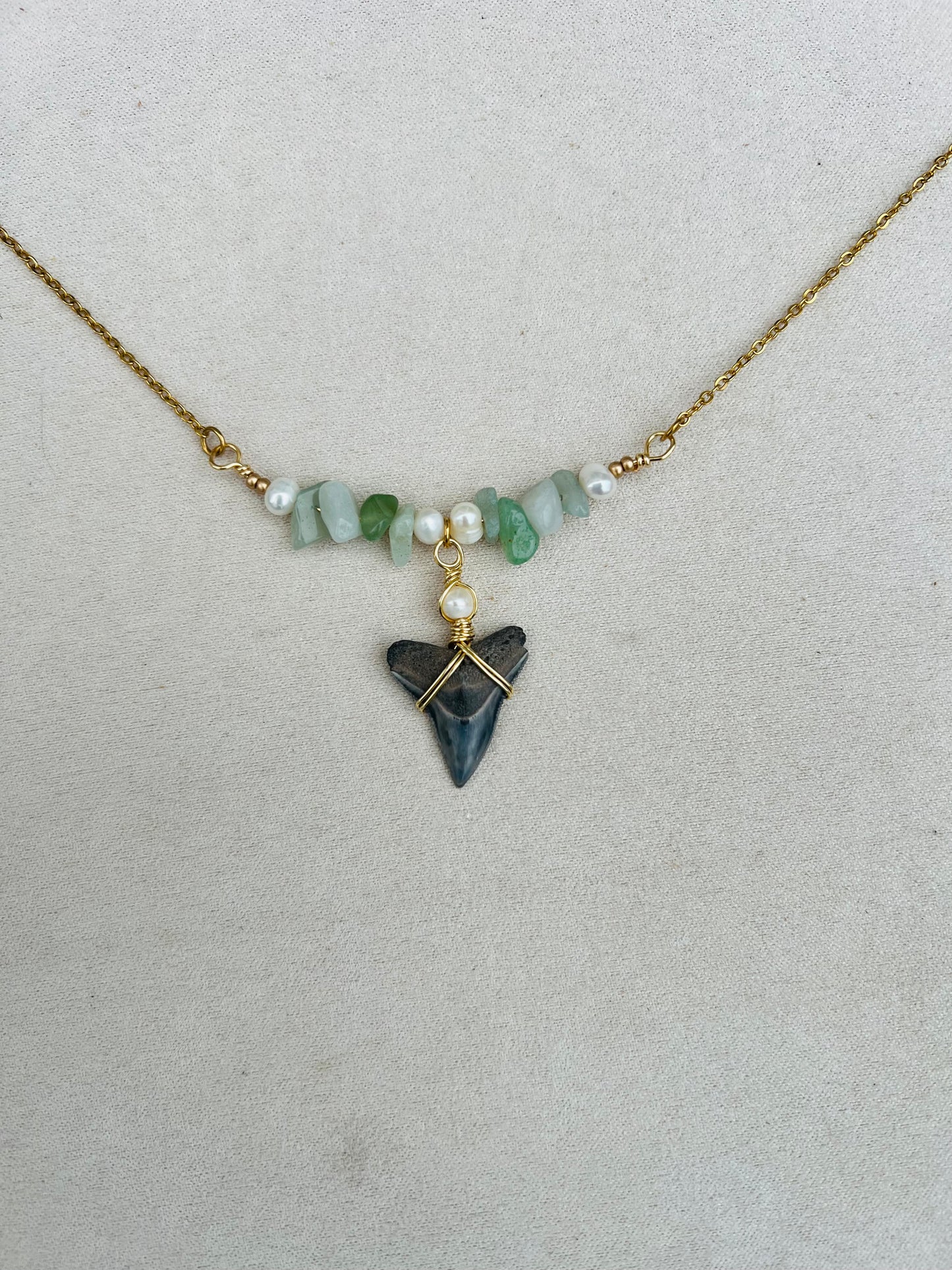 Ocean Treasure Necklace - Bull Shark tooth + Aventurine and Pearls