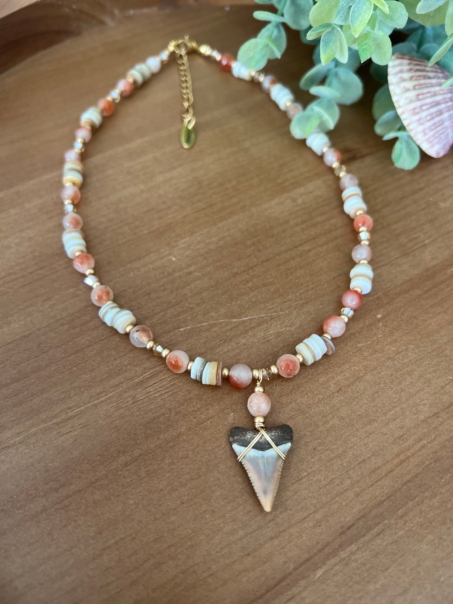Tequila Sunrise- Rare Great White with Orange Koi Jade + Shell beads