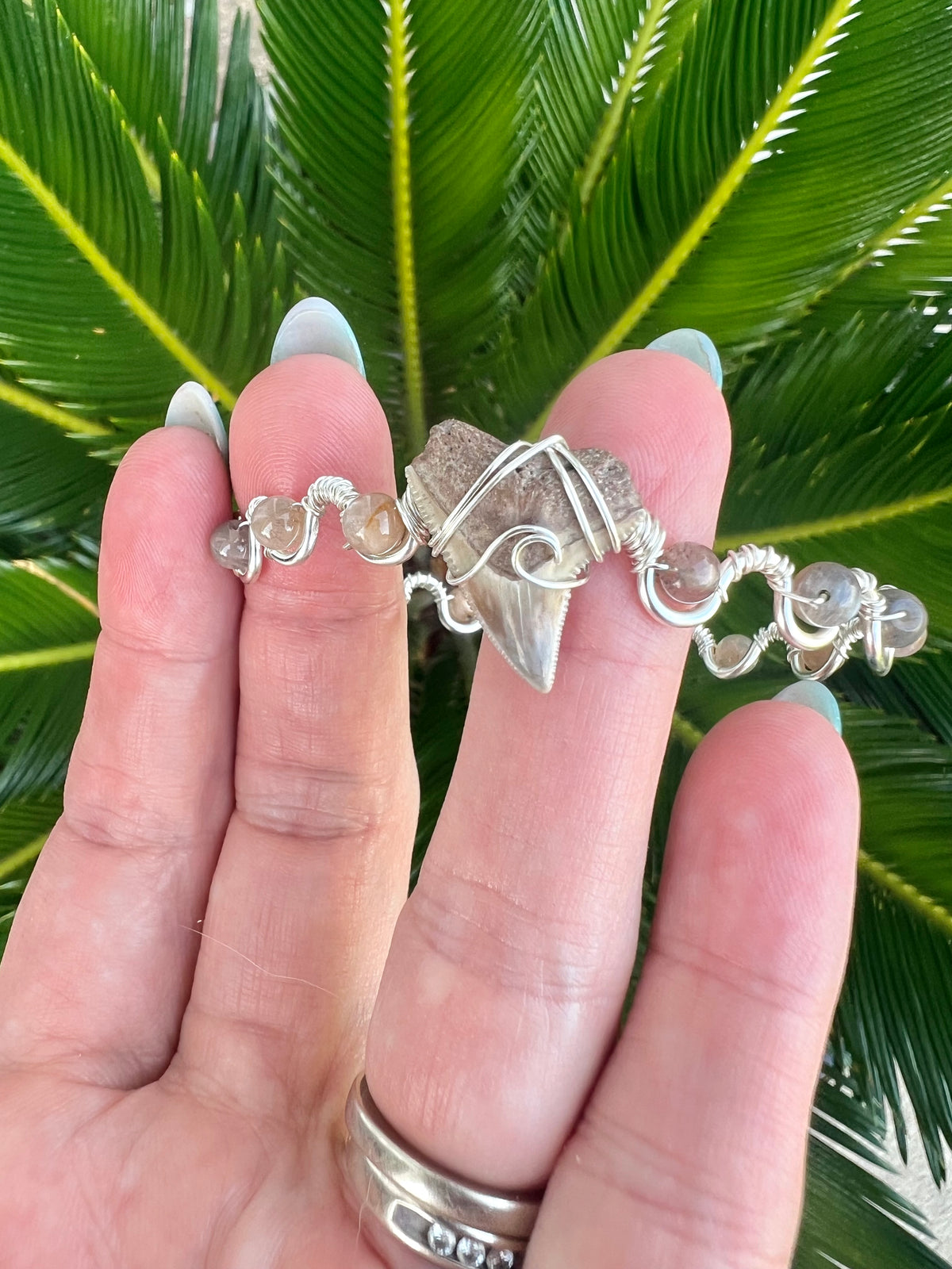 Shark tooth + moonstone silver cuff bracelet