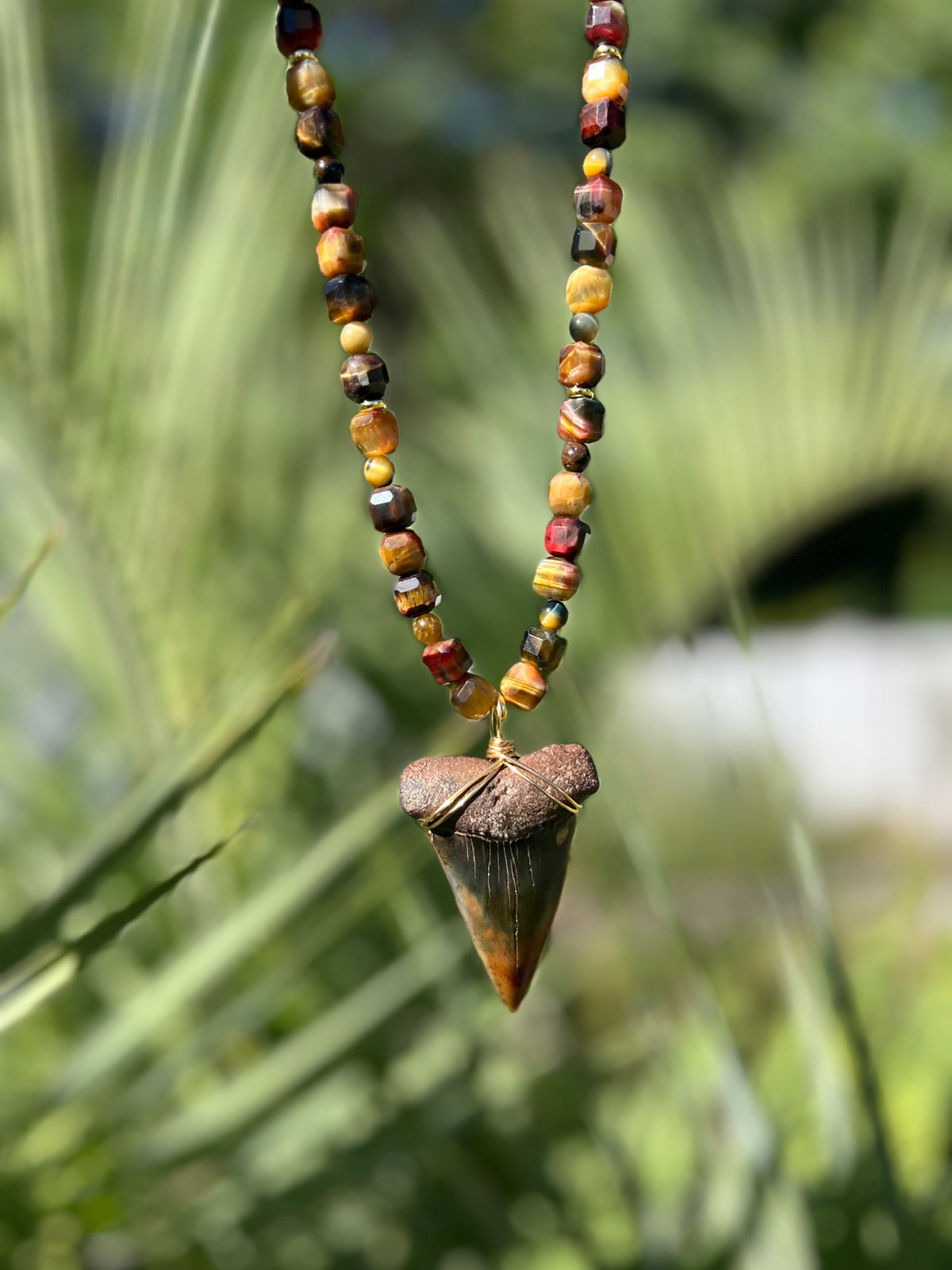 Ember Tide- STUNNING Hastalis Shark tooth with Tiger’s Eye Gemstone Bead Necklace