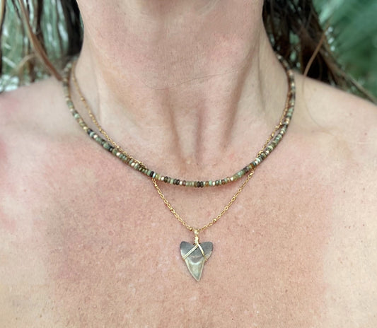 Garnet Tide-Green Garnet and Bull Shark tooth Double layer necklace