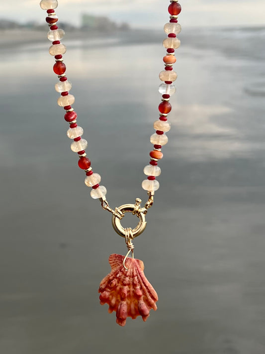 Coral Sails- Gold rutilated quartz, spiny oyster, red carnelian, bamboo coral beads with gold-filled sailor clasp