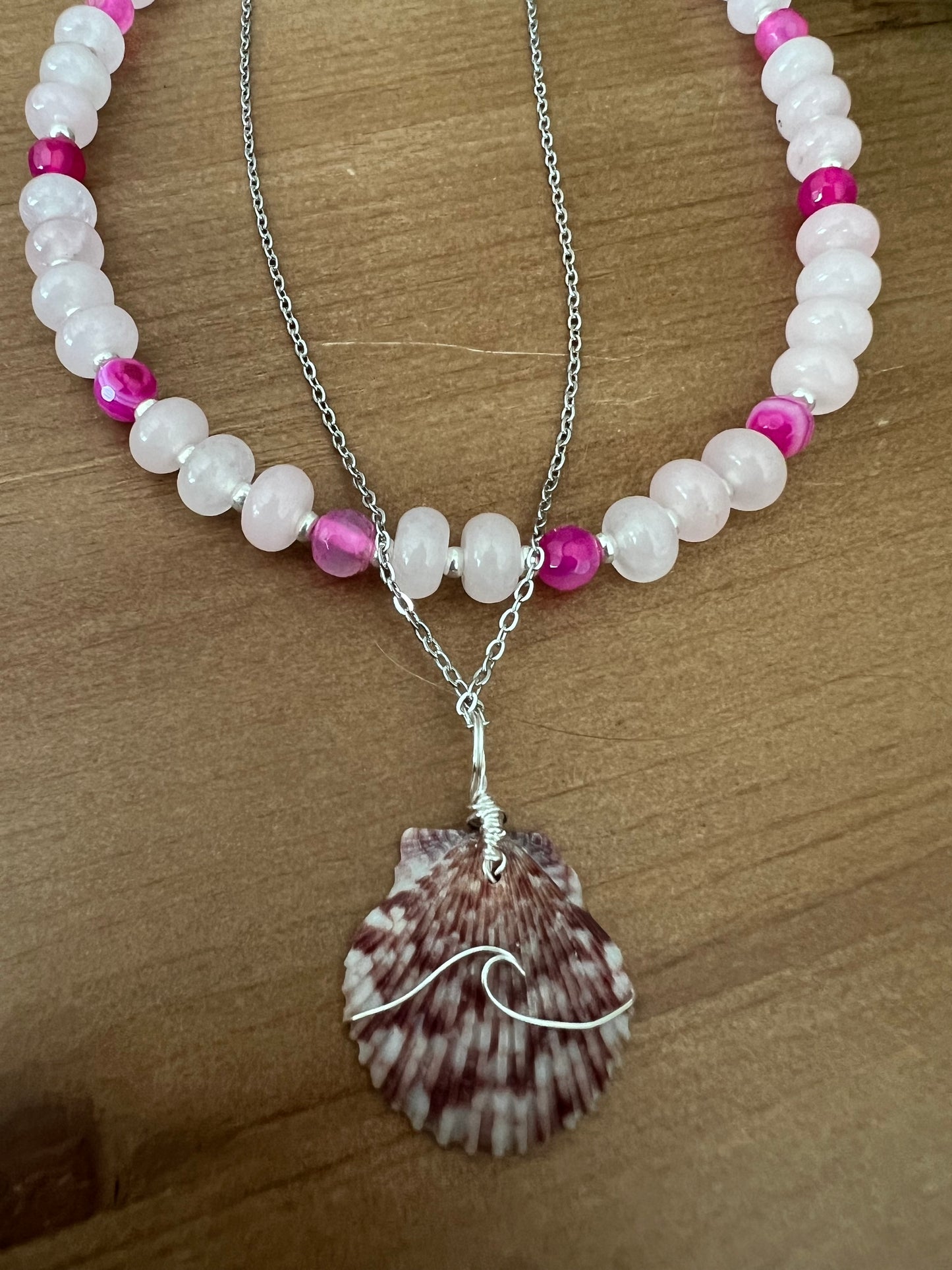 Calico Kiss- 2 layer scallop shell with rose quartz and hot pink Botswana beads