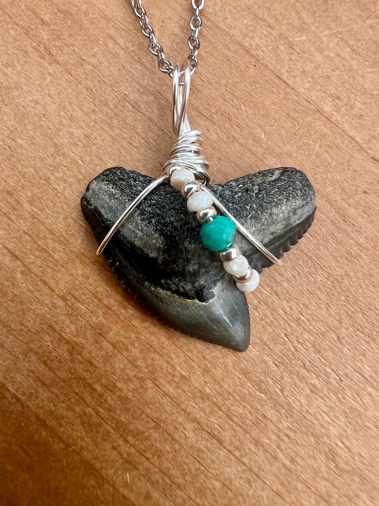 Tiger Shark tooth necklace with freshwater pearls and genuine turquoise