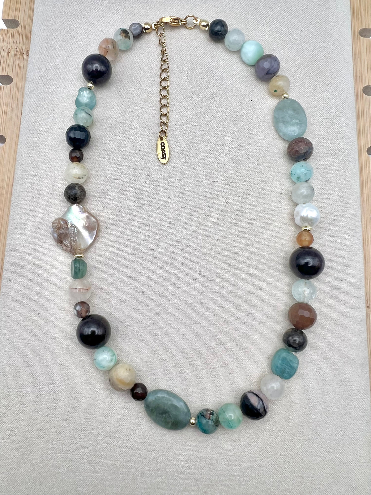 Tidal Renewal- 100% natural gemstones and pearl grounding necklace- kyanite, red garnet, Chrysocolla, tiger eye, shells, baroque pearls