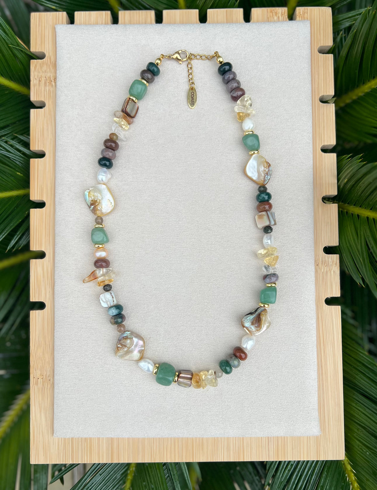 Tidal renewal- citrine, green aventurine, freshwater pearls, shells, and Indian agate beaded necklace - grounding jewelry