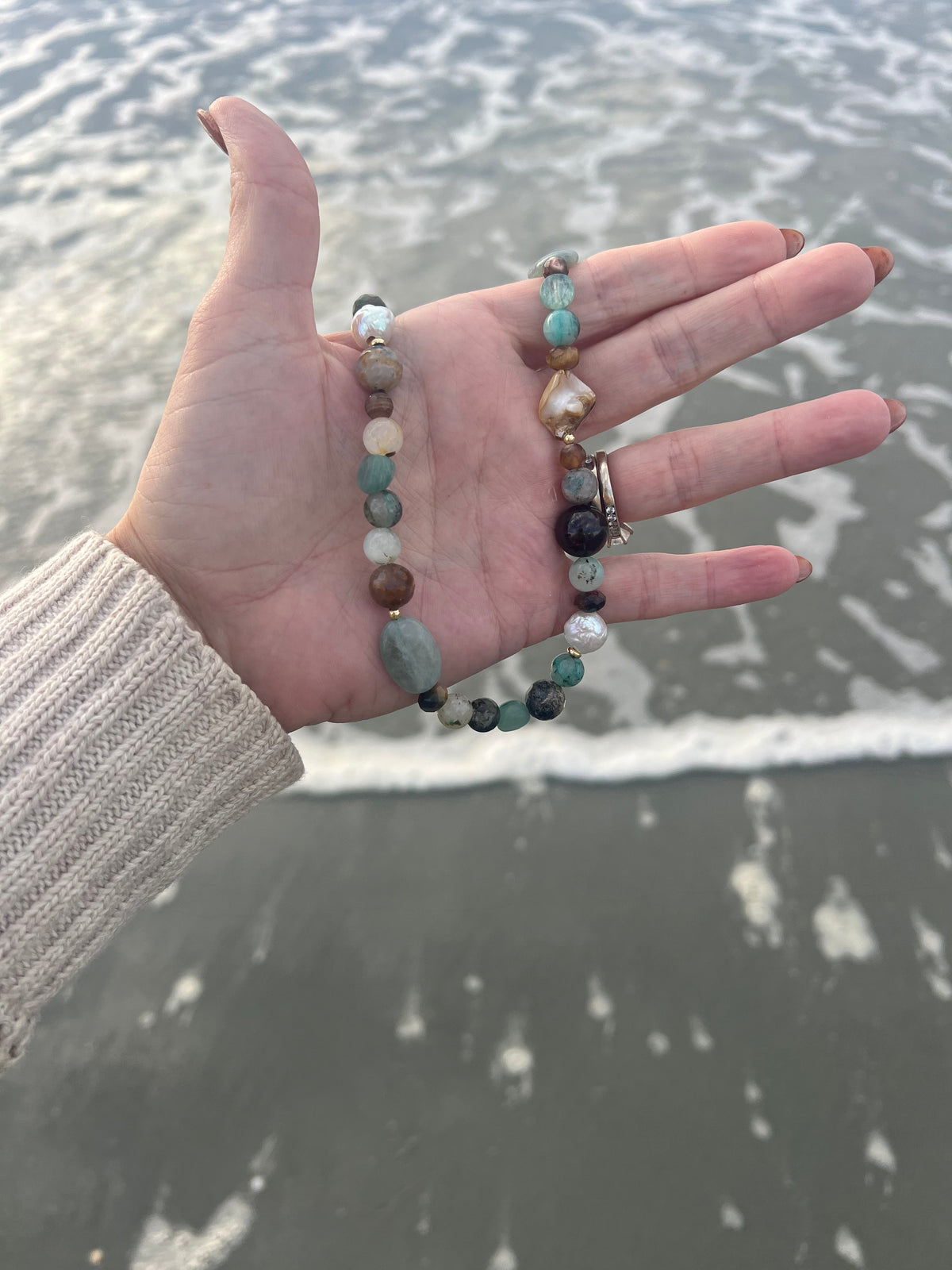 Tidal Renewal- 100% natural gemstones and pearl grounding necklace- kyanite, red garnet, Chrysocolla, tiger eye, shells, baroque pearls