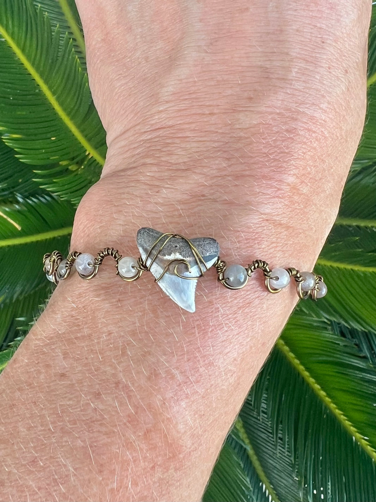 Shark tooth + moonstone bronze cuff bracelet