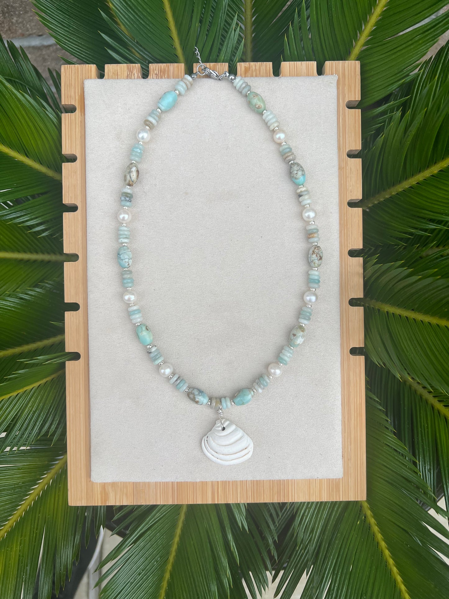 Coastal shell necklace- pearls, sea-sediment beads with a locally found “Pawleys shell” imperial Venus clam