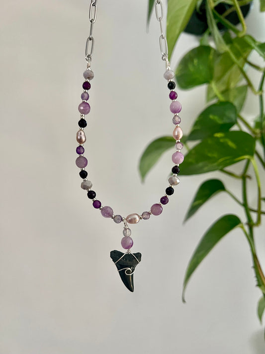 Violet Tides Collection- Silver: purple jade, Botswana, pearl, and fossilized Mako shark tooth necklace