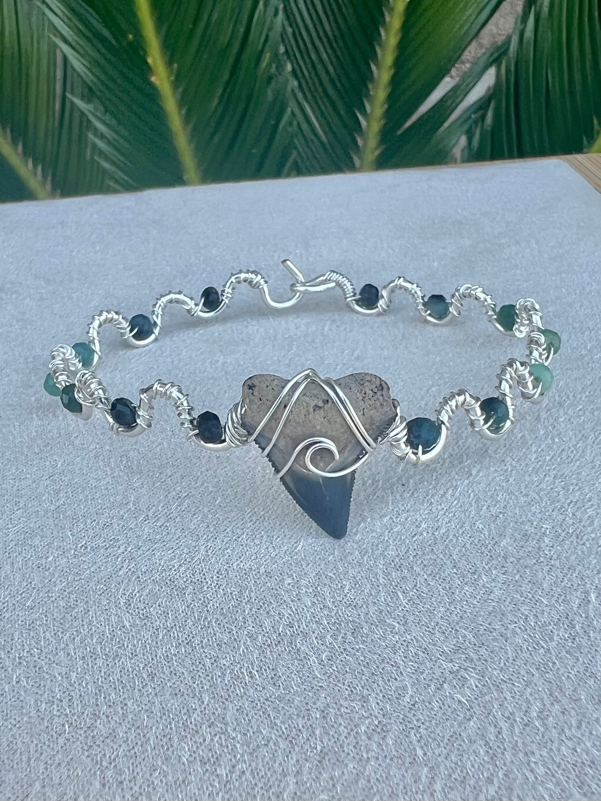 Shark tooth + Blue Tourmaline Silver Cuff Bracelet