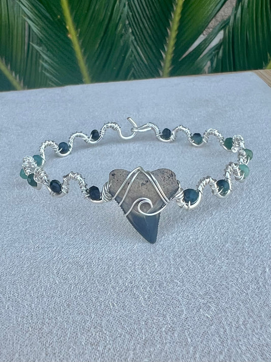 Coastal Cuffs- Shark tooth + Blue Tourmaline Silver Cuff Bracelet