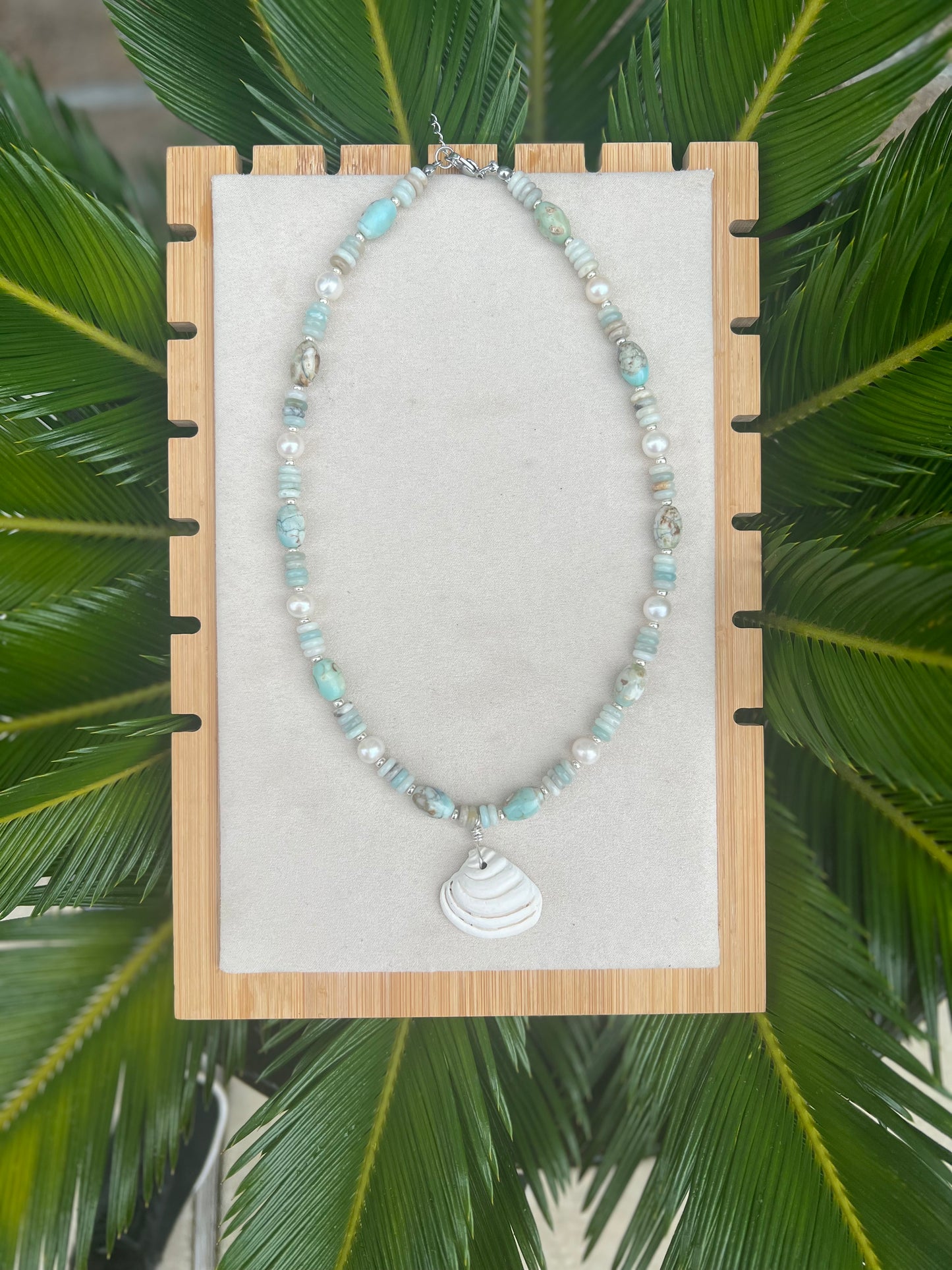 Coastal shell necklace- pearls, sea-sediment beads with a locally found “Pawleys shell” imperial Venus clam