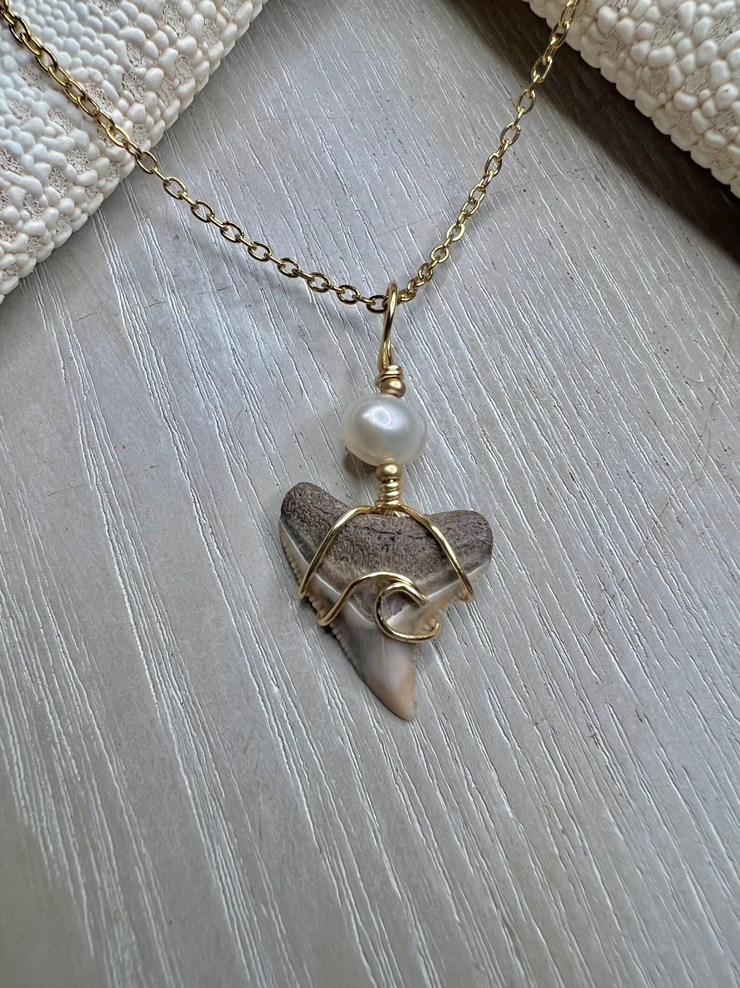 Sandy- Bull Shark tooth + Freshwater pearl + wave