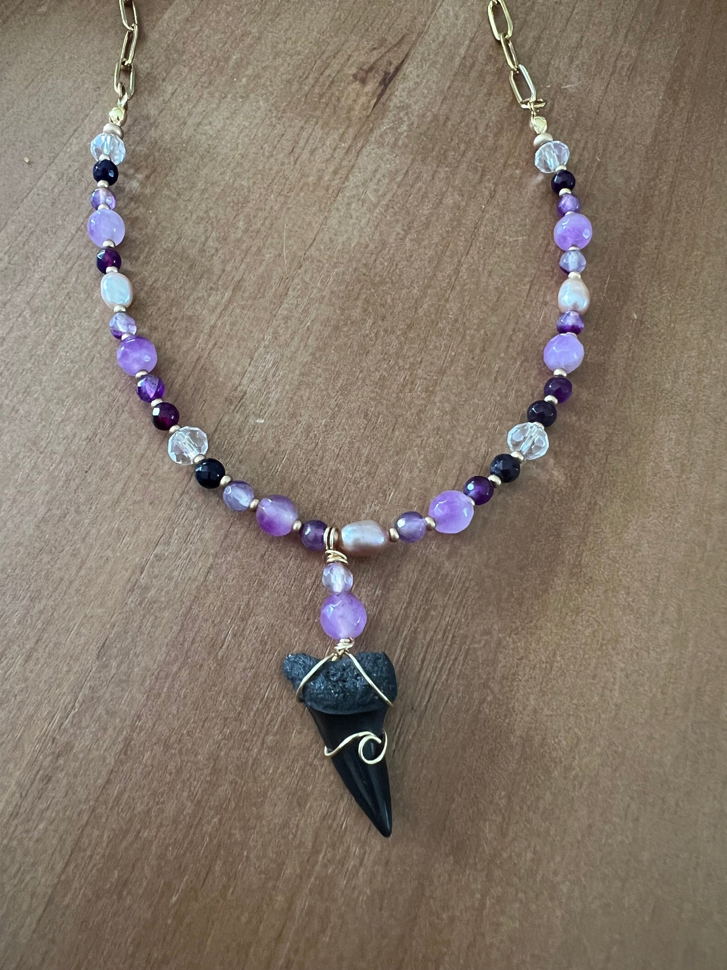 Violet Tides Collection- Gold: purple jade, Botswana, pearl, and fossilized Mako shark tooth necklace
