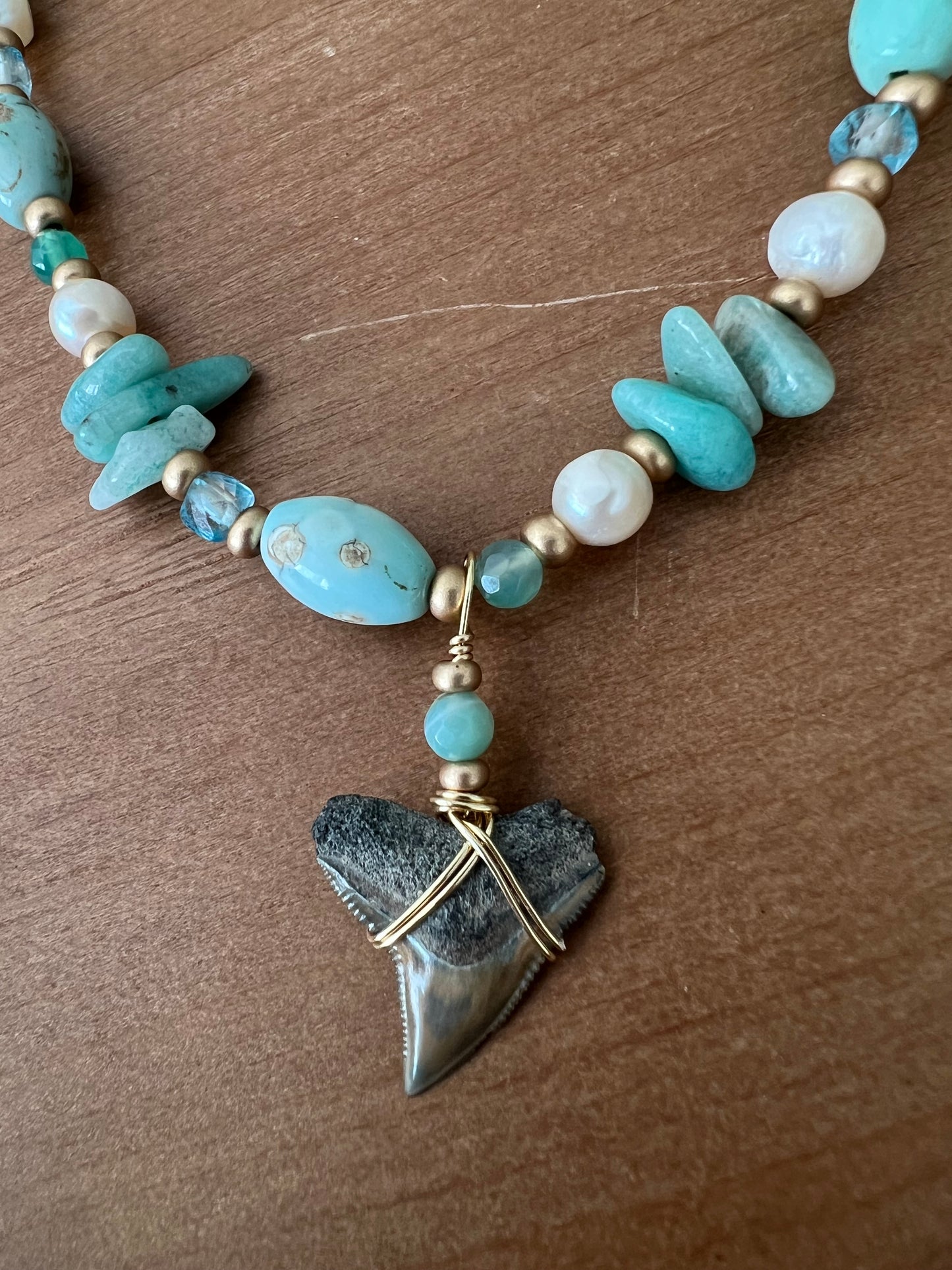 Coastal Reef-Bull Shark tooth necklace with dragon skin agate, blue topaz, light green jade, Amazonite, and freshwater pearls details