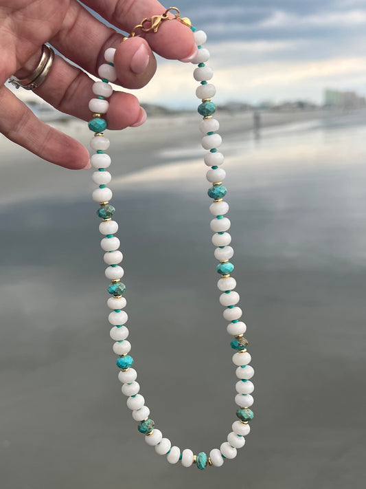 White Sands- Genuine turquoise and white jade beaded necklace
